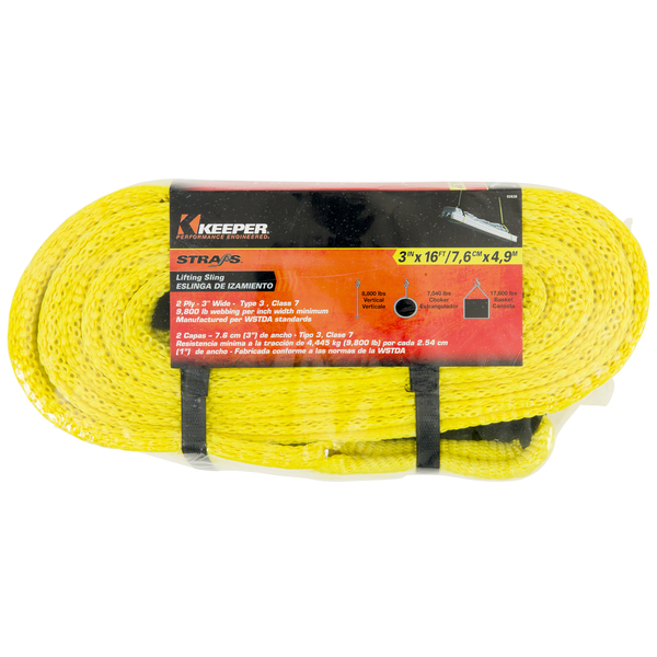 Keeper 16'X3" Lift Sling, 2 Ply, Flat Loop, 8800/7040/17600 2638